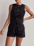 Button Down Vest and Shorts Denim Set - Trendsi - Flyclothing LLC