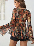 Printed V-Neck Flare Sleeve Top - Trendsi