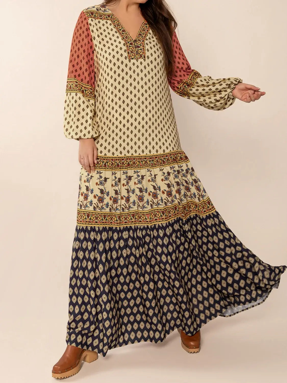 Printed V-Neck Balloon Sleeve Maxi Dress - Trendsi - Flyclothing LLC
