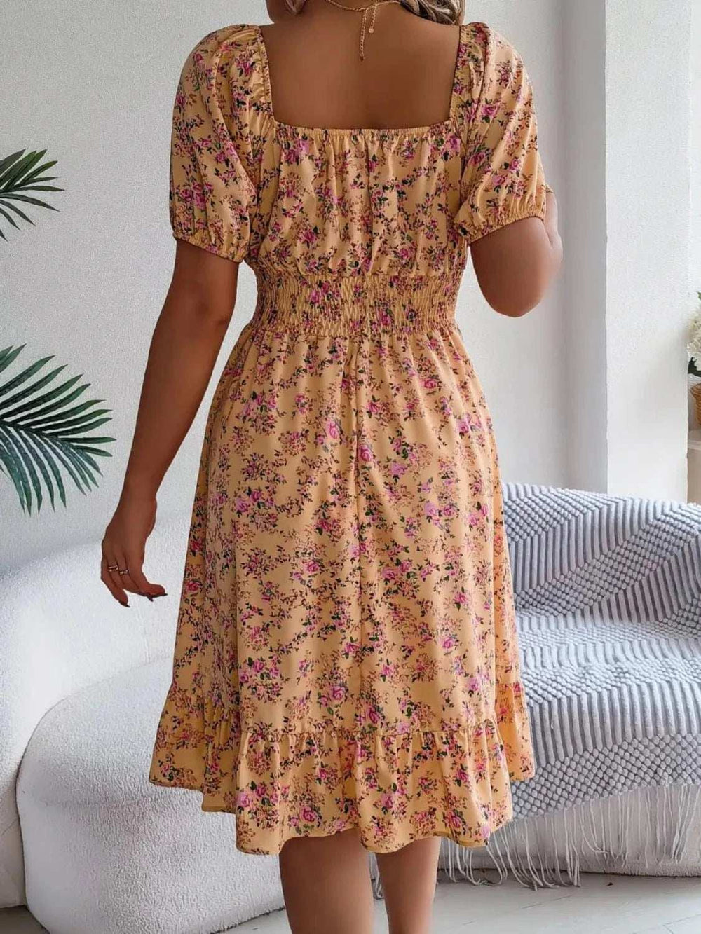 Ruffled Hem Floral Puff Sleeve Dress - Trendsi - Flyclothing LLC