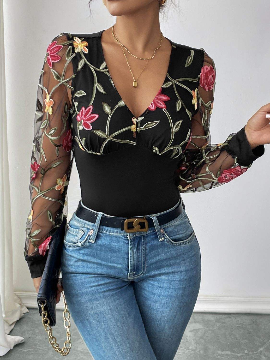 Perfee Embroidered V-Neck Long Sleeve Bodysuit - Trendsi - Flyclothing LLC