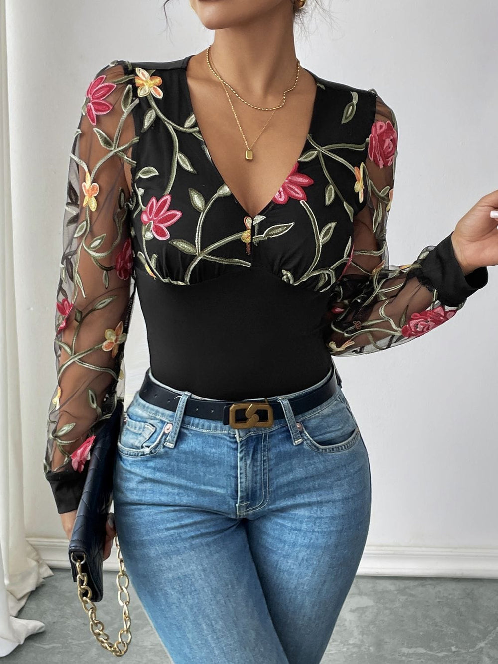 Perfee Embroidered V-Neck Long Sleeve Bodysuit - Trendsi