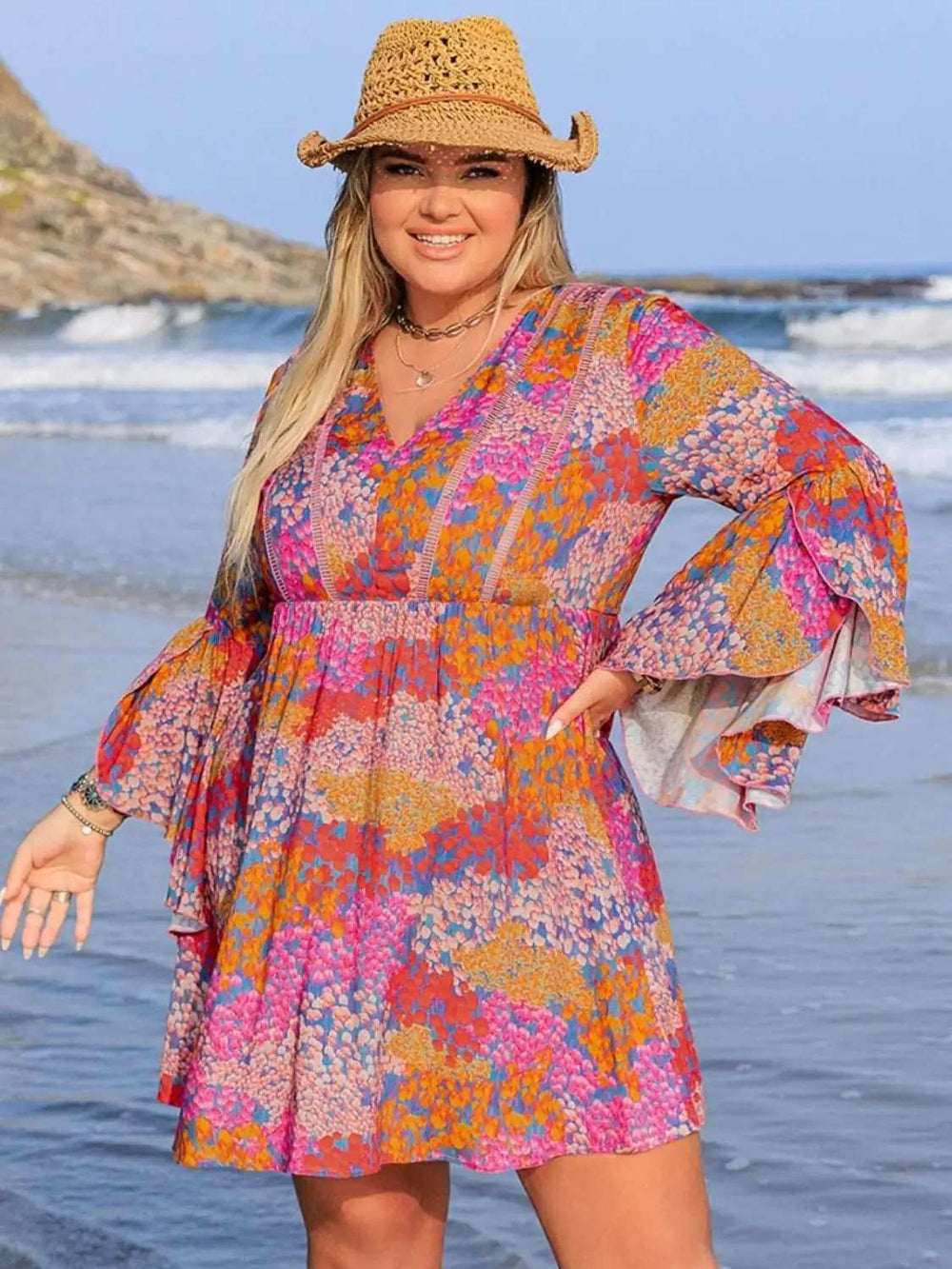Plus Size Ruched Printed Long Sleeve Dress - Trendsi - Flyclothing LLC