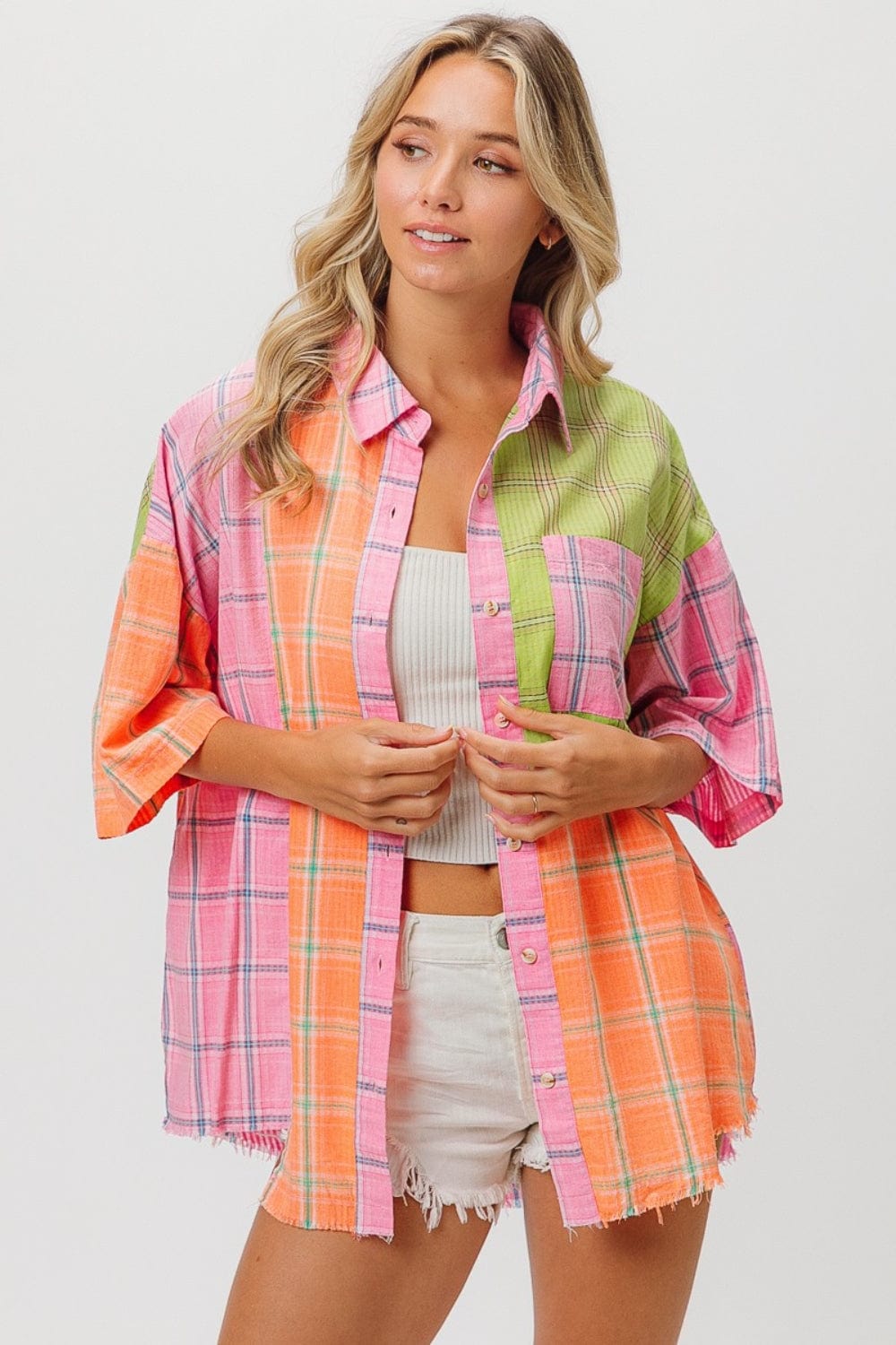 BiBi Plaid Collared Neck Half Sleeve Shirt - Trendsi
