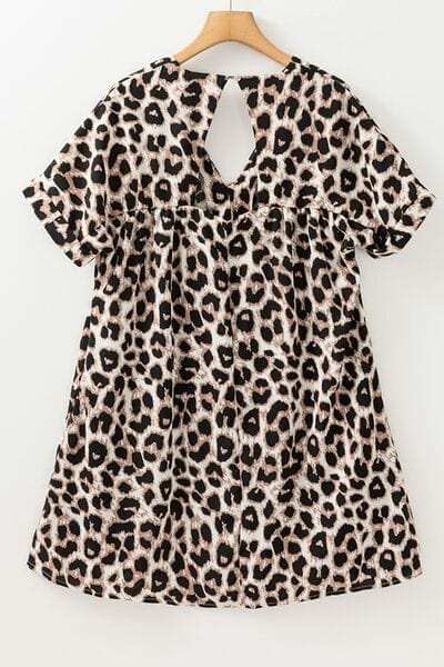 Cutout Back Leopard V-Neck Short Sleeve Mini Dress - Trendsi - Flyclothing LLC