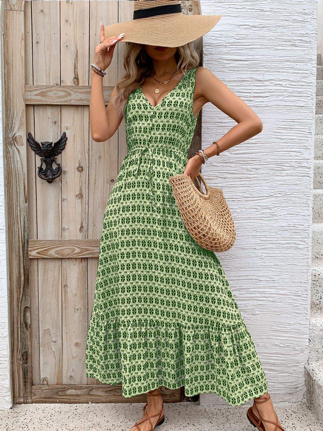 Printed V-Neck Tie Waist Midi Dress - Trendsi - Flyclothing LLC