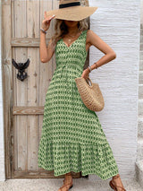 Printed V-Neck Tie Waist Midi Dress - Trendsi - Flyclothing LLC