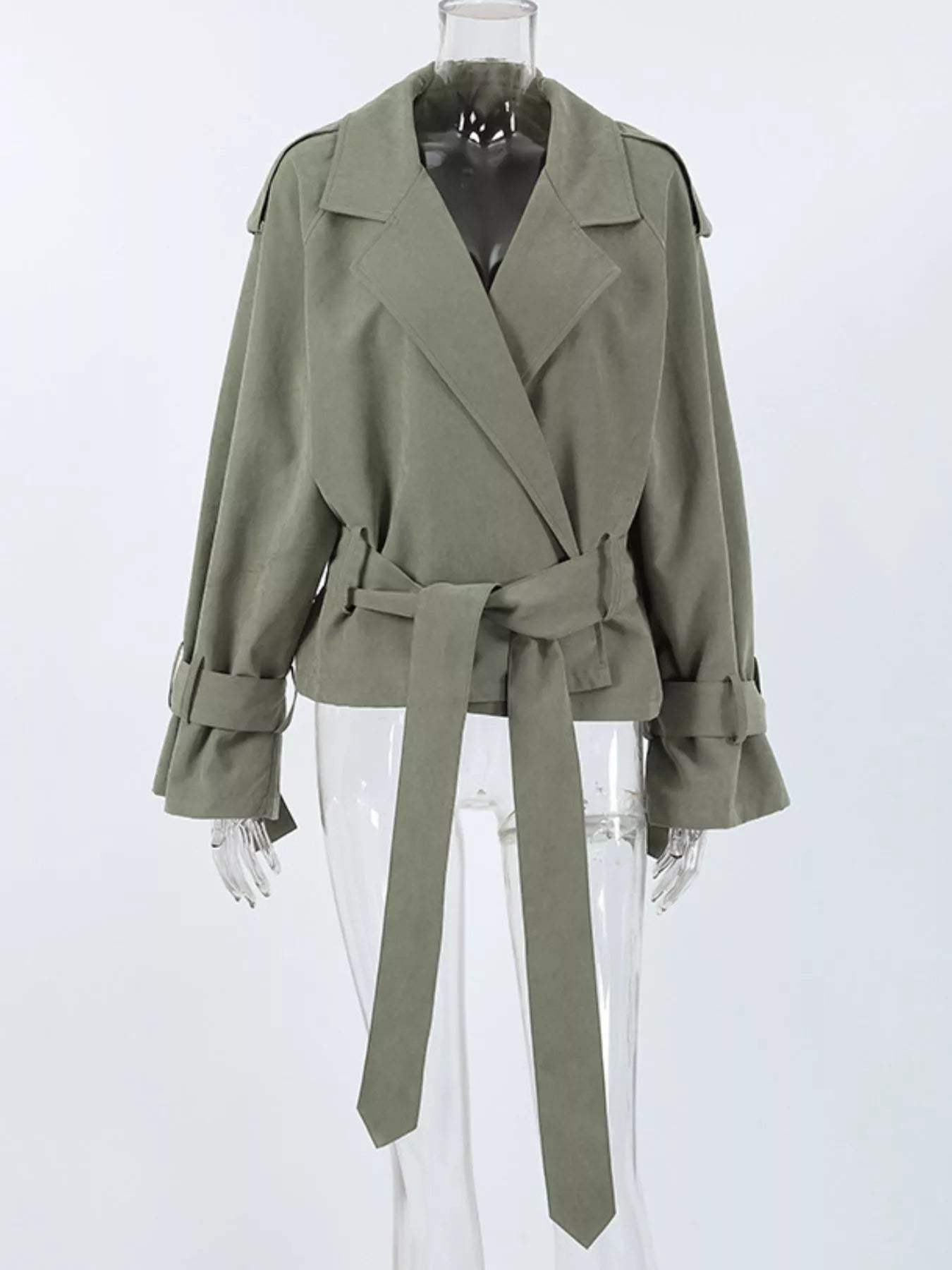 Lapel Collar Belted Cropped Trench - Trendsi - Flyclothing LLC