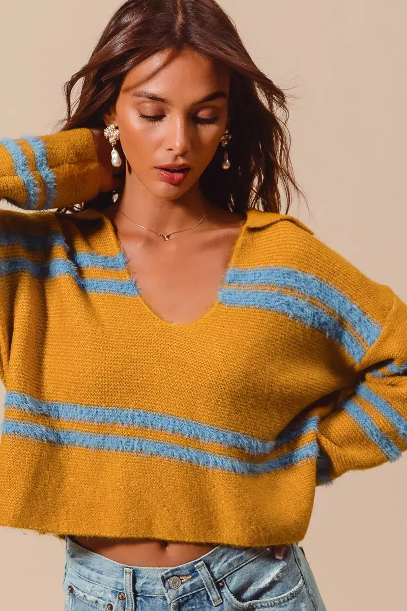 SO ME Fuzzy Hairy Stripe Deep U Neck Swetaer - Trendsi - Flyclothing LLC