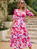 Printed Puff Sleeve Midi Dress - Trendsi - Flyclothing LLC
