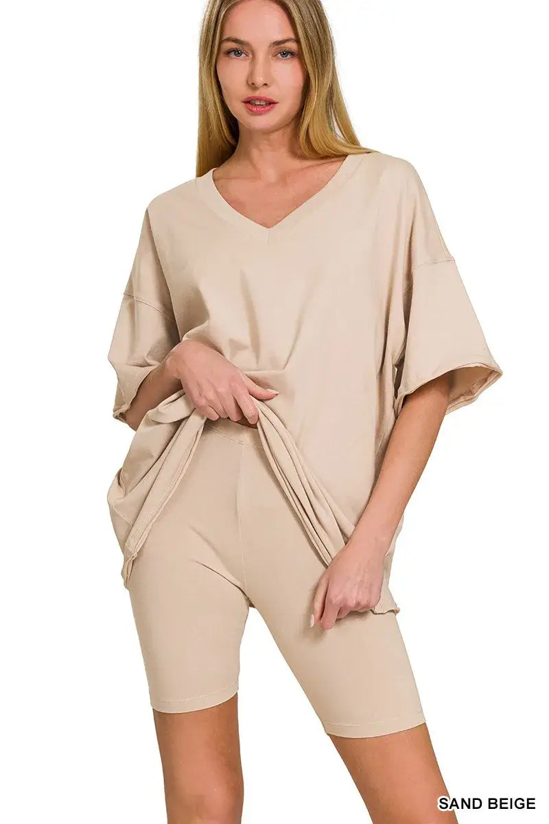 Zenana Cotton V-neck Top & Biker Shorts Set - Trendsi - Flyclothing LLC