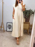 Full Size Pleated Round Neck Maxi Dress Plus Size - Trendsi