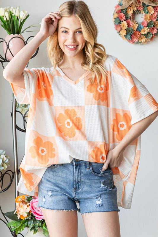 HOPELY Contrast Checkered Floral V-Neck T-Shirt - Trendsi