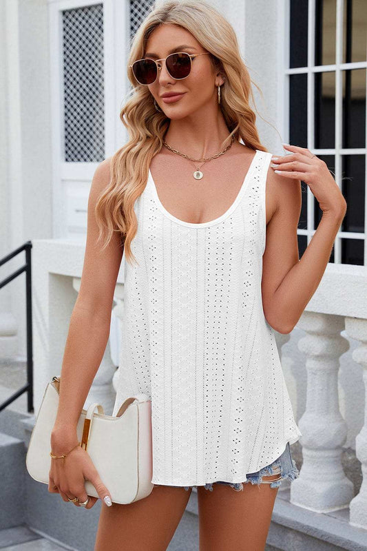 Florira Eyelet Round Neck Tank - Trendsi - Flyclothing LLC