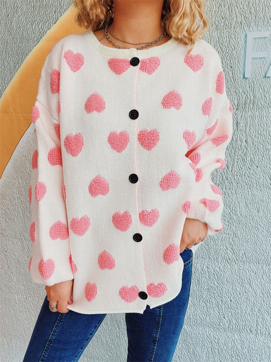 Heart Button Up Long Sleeve Cardigan - Trendsi