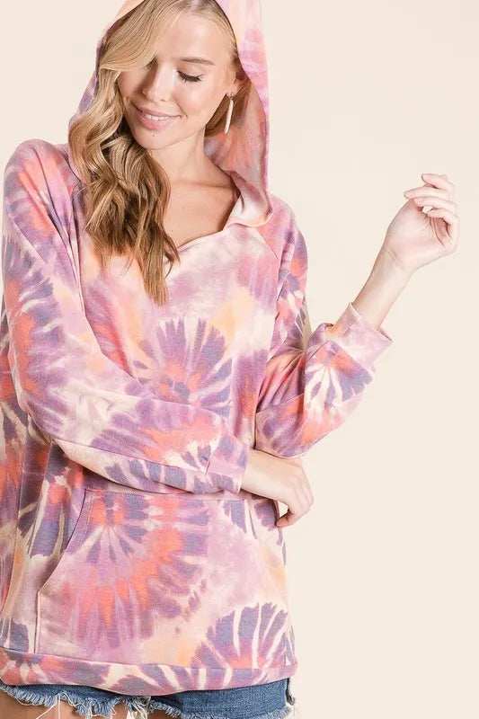 BiBi Circular Tie Dye Print Terry Hoodie with Kangaroo - Trendsi - Flyclothing LLC