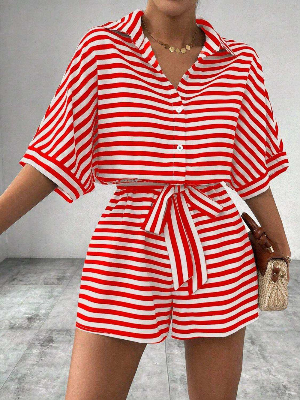 Tie Waist Half Button Striped Romper - Trendsi - Flyclothing LLC