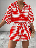 Tie Waist Half Button Striped Romper - Trendsi - Flyclothing LLC