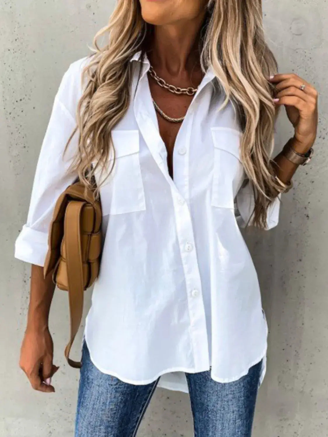 Button Up Roll-Tab Sleeve Shirt - Trendsi - Flyclothing LLC