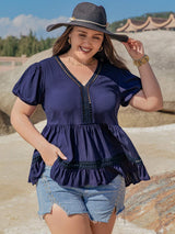 Plus Size Peplum V-Neck Short Sleeve Blouse - Trendsi - Flyclothing LLC