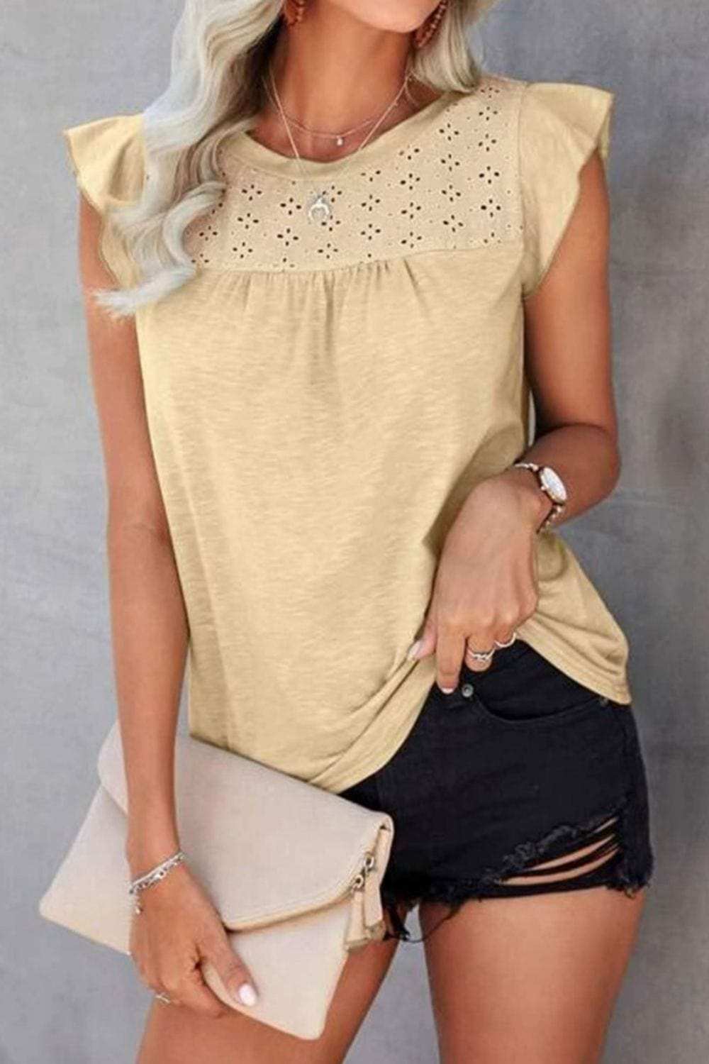 Ruffled Round Neck Cap Sleeve T-Shirt - Trendsi - Flyclothing LLC