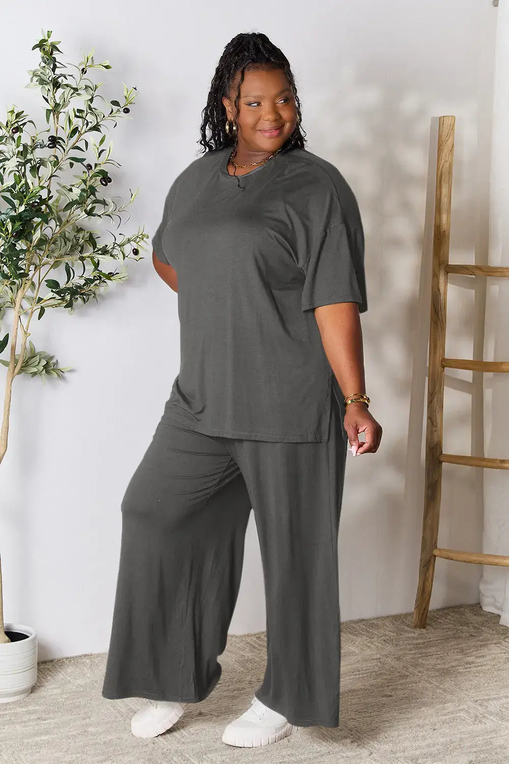 Double Take Full Size Round Neck Slit Top and Pants Set - Trendsi - Flyclothing LLC