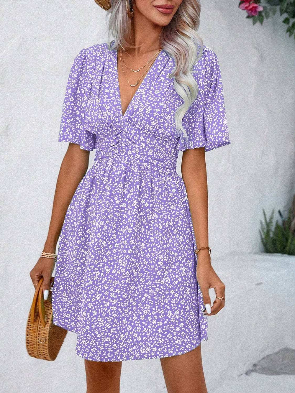 Printed V-Neck Half Sleeve Mini Dress - Trendsi - Flyclothing LLC