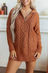 Zip-Up Cable Knit Drop Shoulder Sweater Dress - Trendsi - Flyclothing LLC