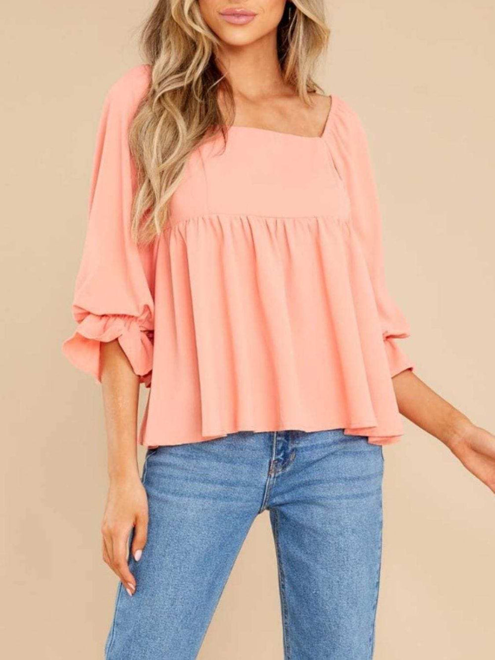 Smocked Square Neck Flounce Sleeve Blouse - Trendsi - Flyclothing LLC