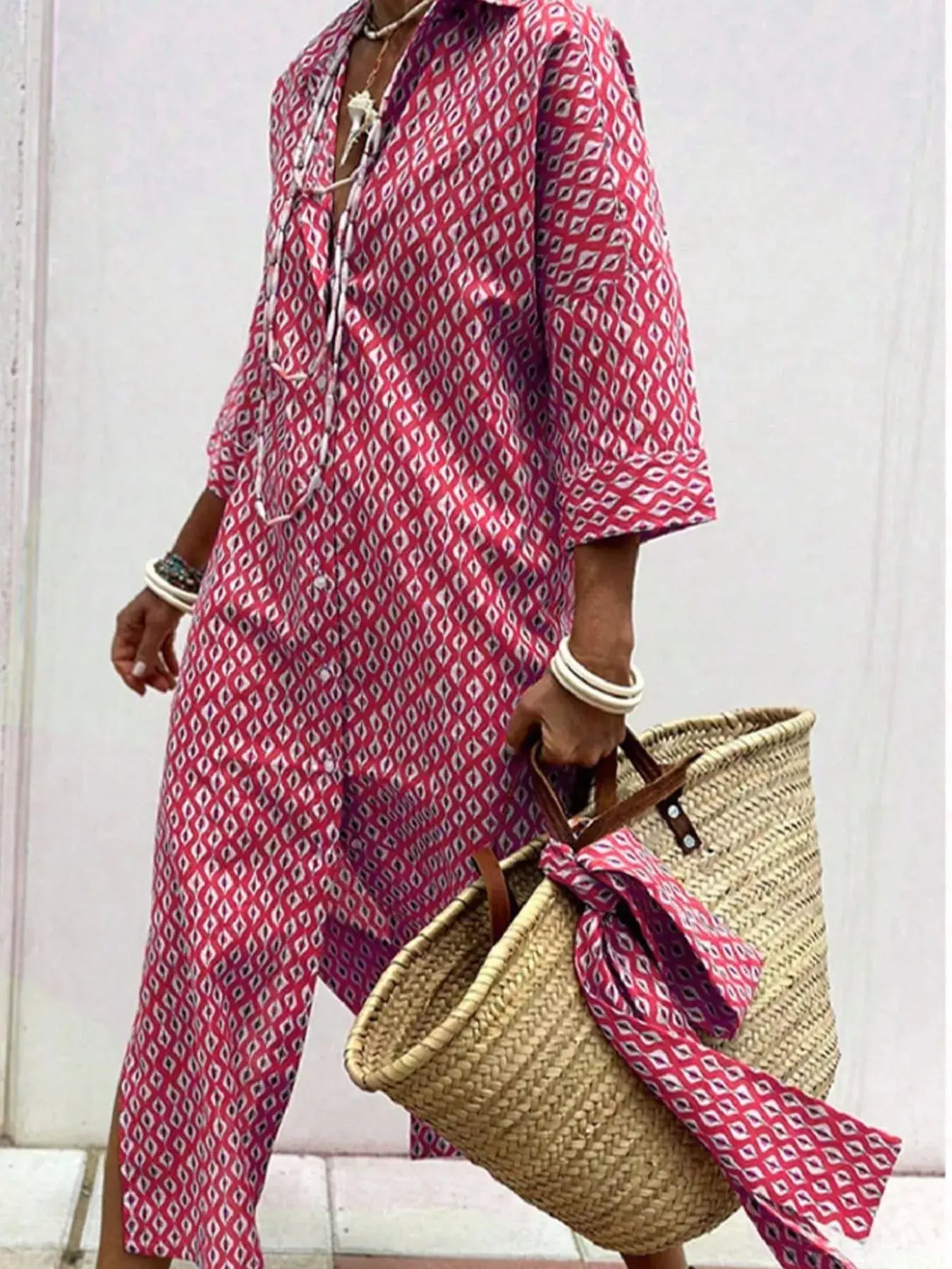 Full Size Printed Button-Down Midi Dress Plus Size - Trendsi - Flyclothing LLC