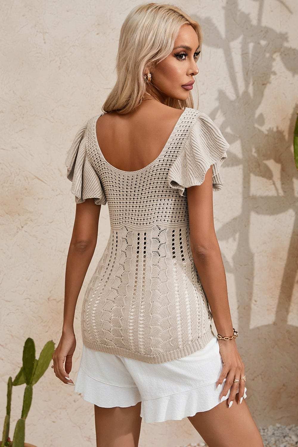 Full Size Openwork Flutter Sleeve Knit Top - Trendsi - Flyclothing LLC