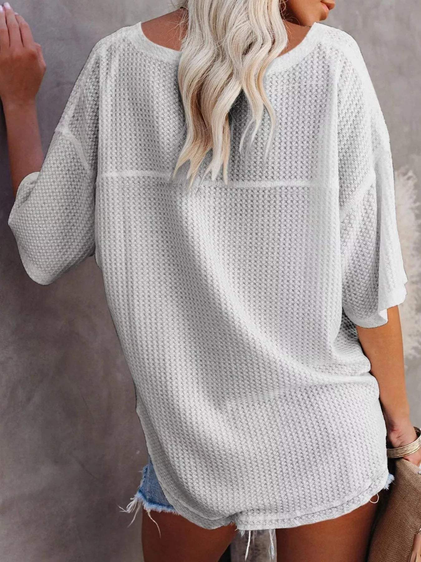 Waffle Knit V-Neck Short Sleeve T-Shirt - Trendsi - Flyclothing LLC