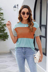 Color Block Round Neck Short Sleeve T-Shirt - Trendsi - Flyclothing LLC