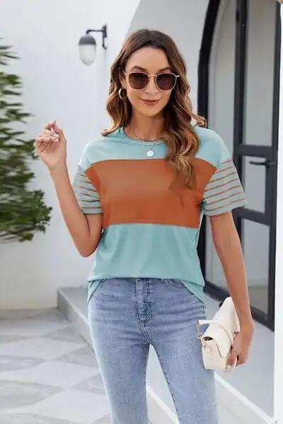 Color Block Round Neck Short Sleeve T-Shirt - Trendsi - Flyclothing LLC