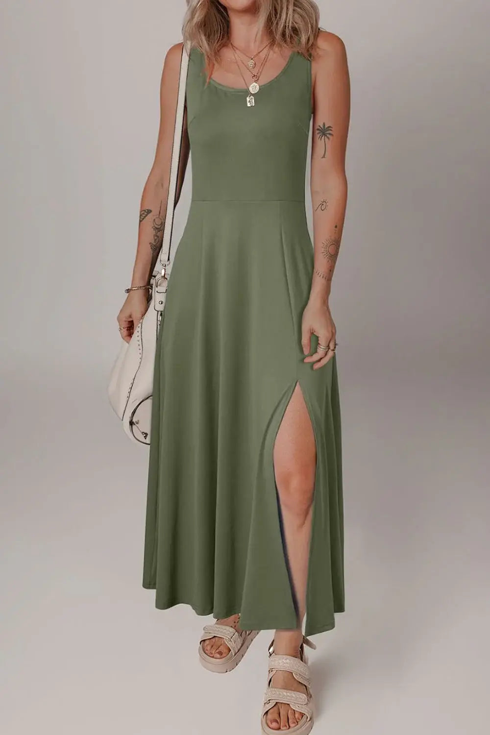 Side Slit Scoop Neck Wide Strap Dress - Trendsi - Flyclothing LLC