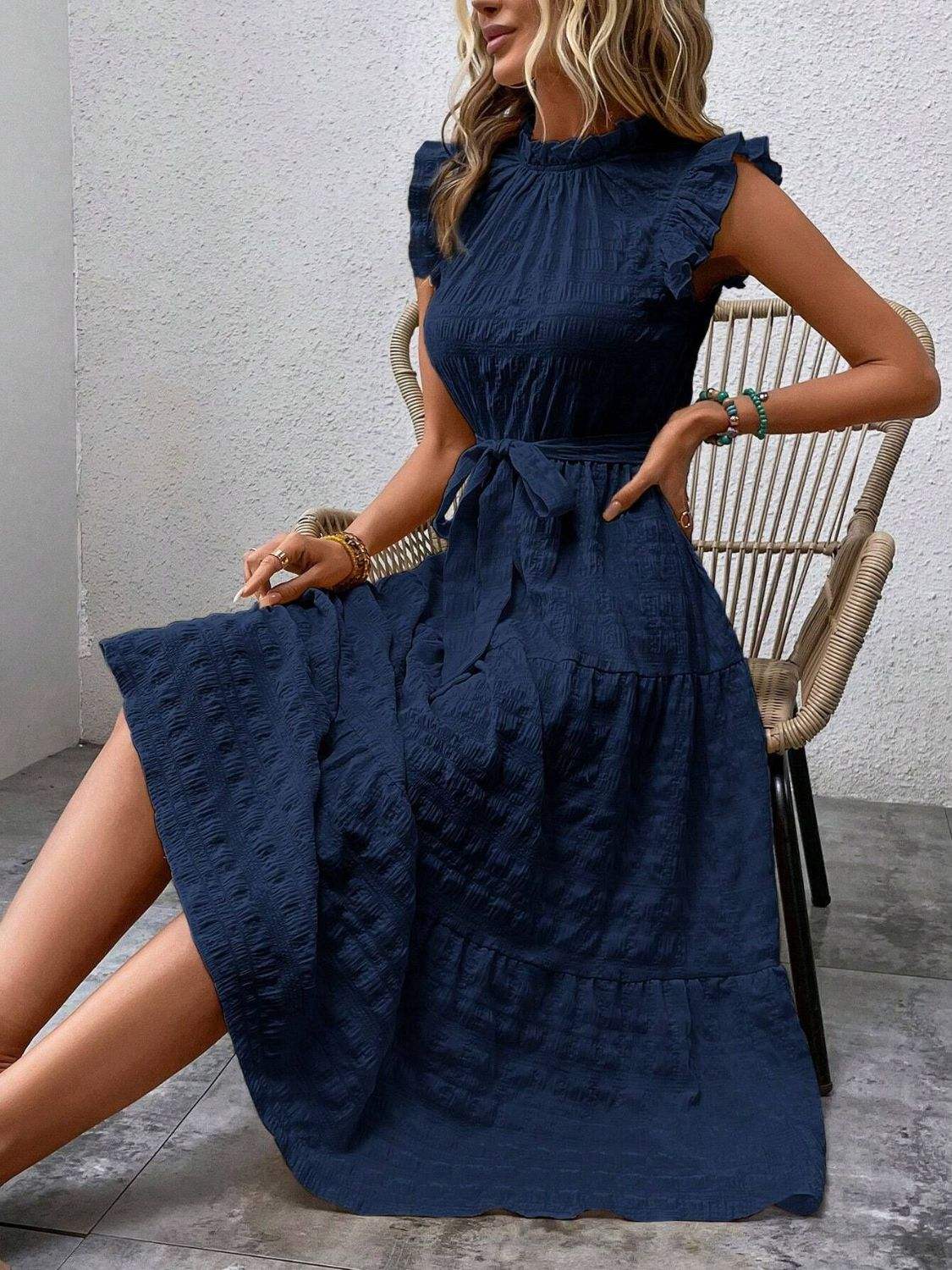 Tied Ruffled Cap Sleeve Midi Dress - Trendsi - Flyclothing LLC