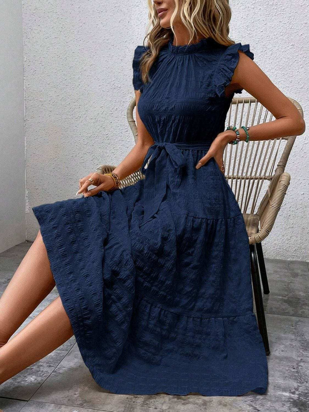 Tied Ruffled Cap Sleeve Midi Dress - Trendsi - Flyclothing LLC