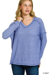 Zenana Soft Melange Hacci Exposed Seam Hi-low Tee - Trendsi - Flyclothing LLC