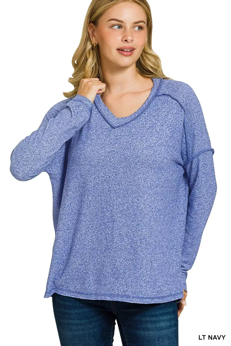 Zenana Soft Melange Hacci Exposed Seam Hi-low Tee - Trendsi - Flyclothing LLC