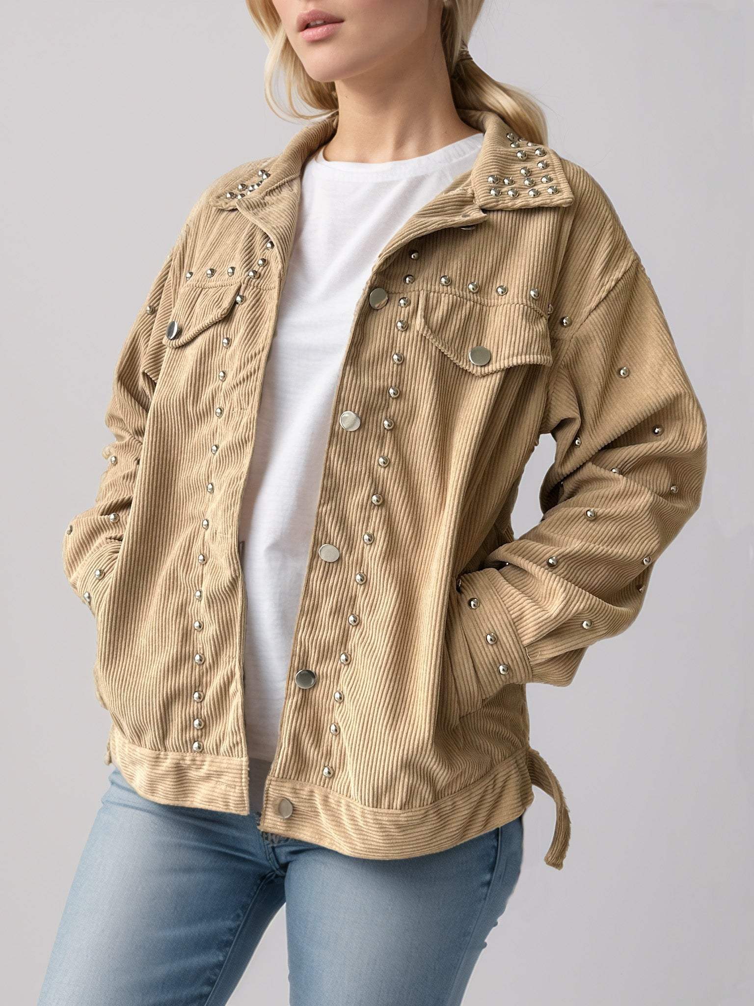 Studded Collared Neck Button Up Jacket - Trendsi - Flyclothing LLC