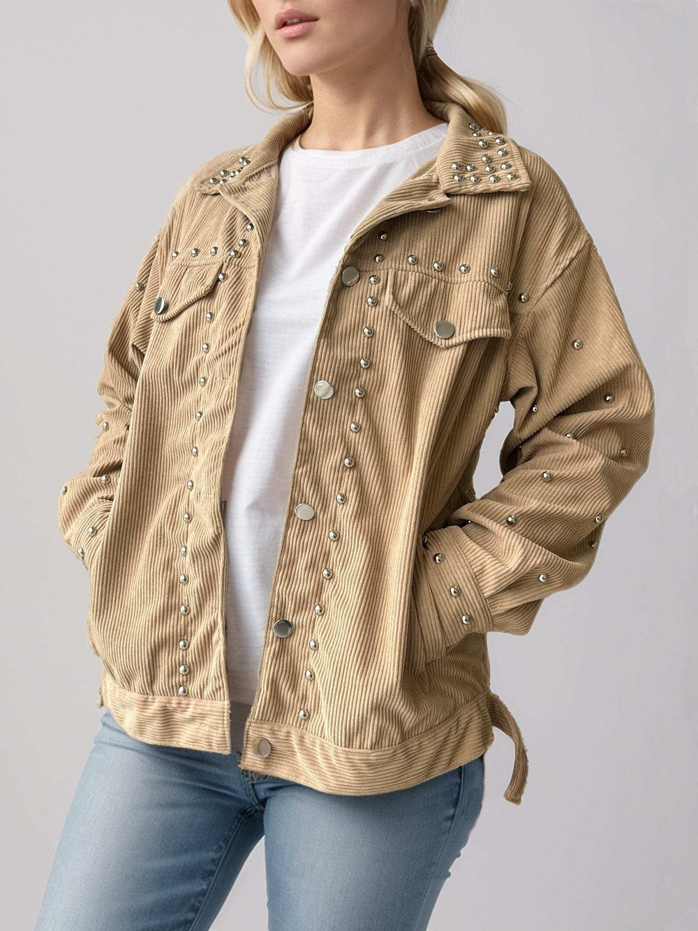 Studded Collared Neck Button Up Jacket - Trendsi - Flyclothing LLC