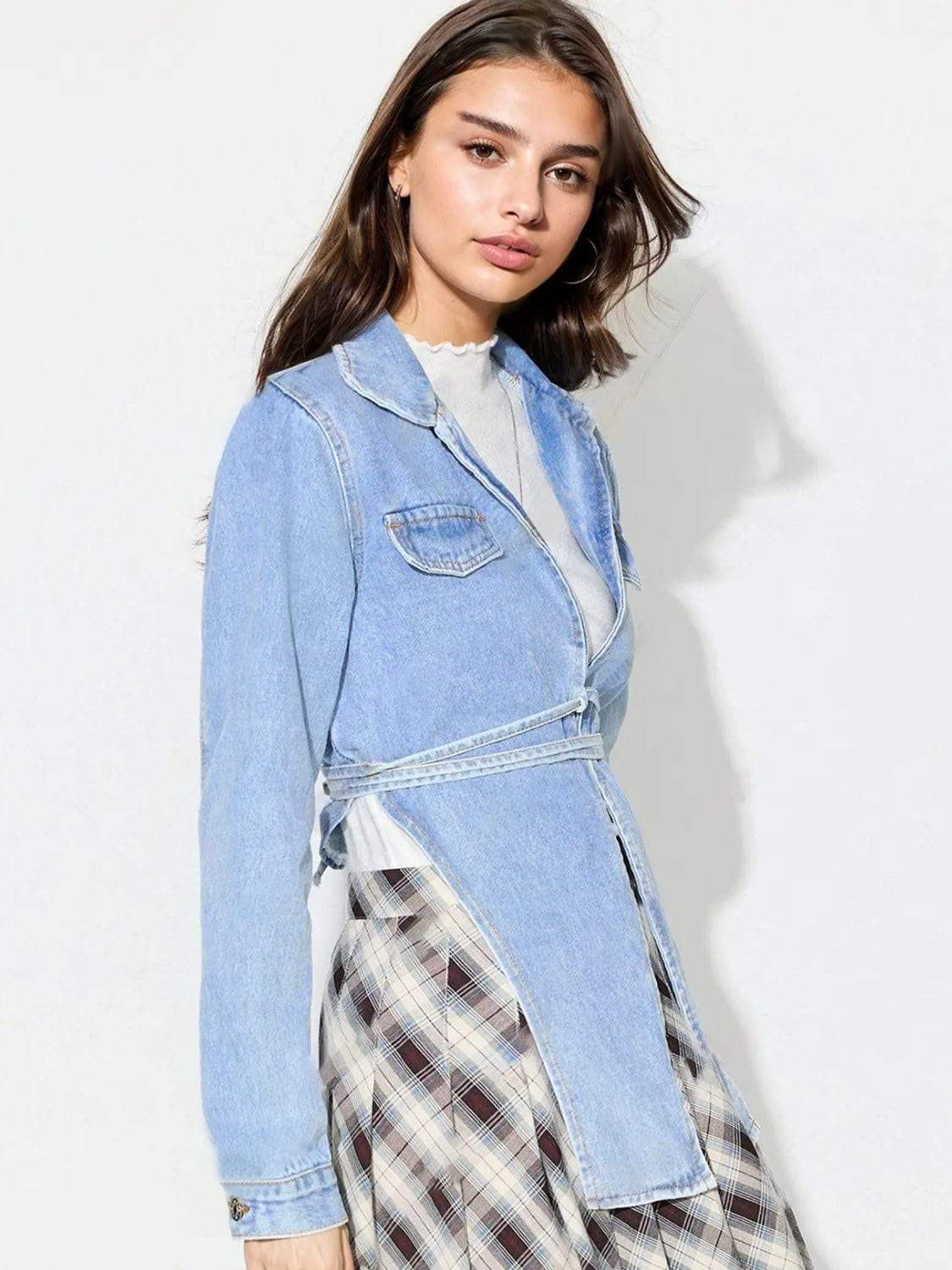 Asymmetric Slit Collared Neck Long Denim Top - Trendsi - Flyclothing LLC