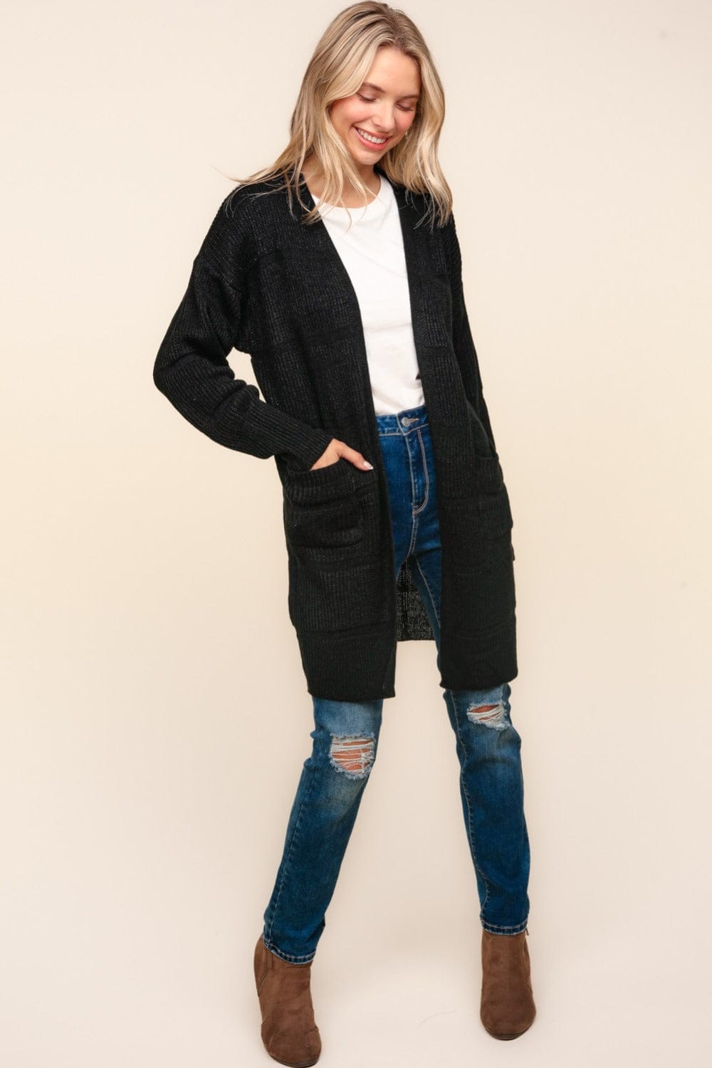 Haptics Stripe Textured Open Front Cardigan with Pockets - Trendsi