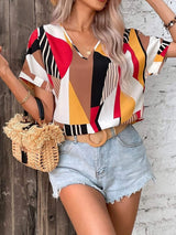 Printed V-Neck Short Sleeve Blouse - Trendsi - Flyclothing LLC