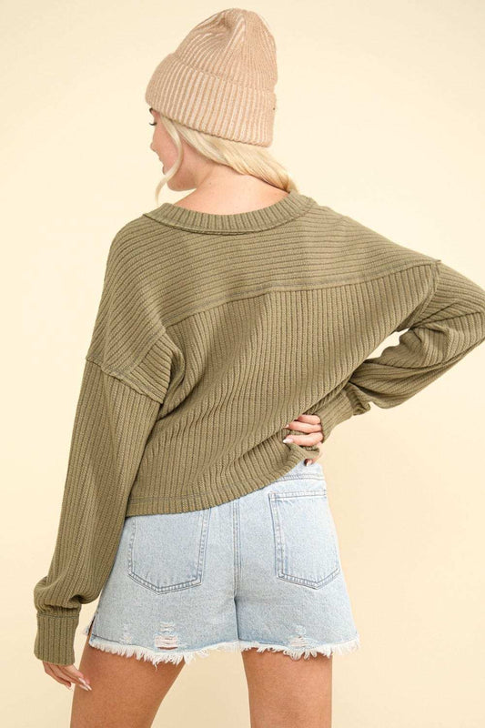 VERY J Exposed Seam V-Neck Ribbed Knit Top - Trendsi - Flyclothing LLC