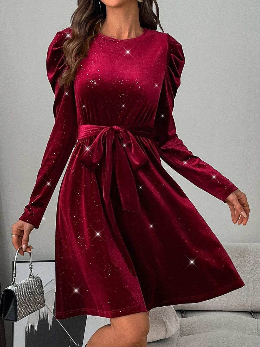 Glitter Round Neck Puff Sleeve Dress - Trendsi - Flyclothing LLC