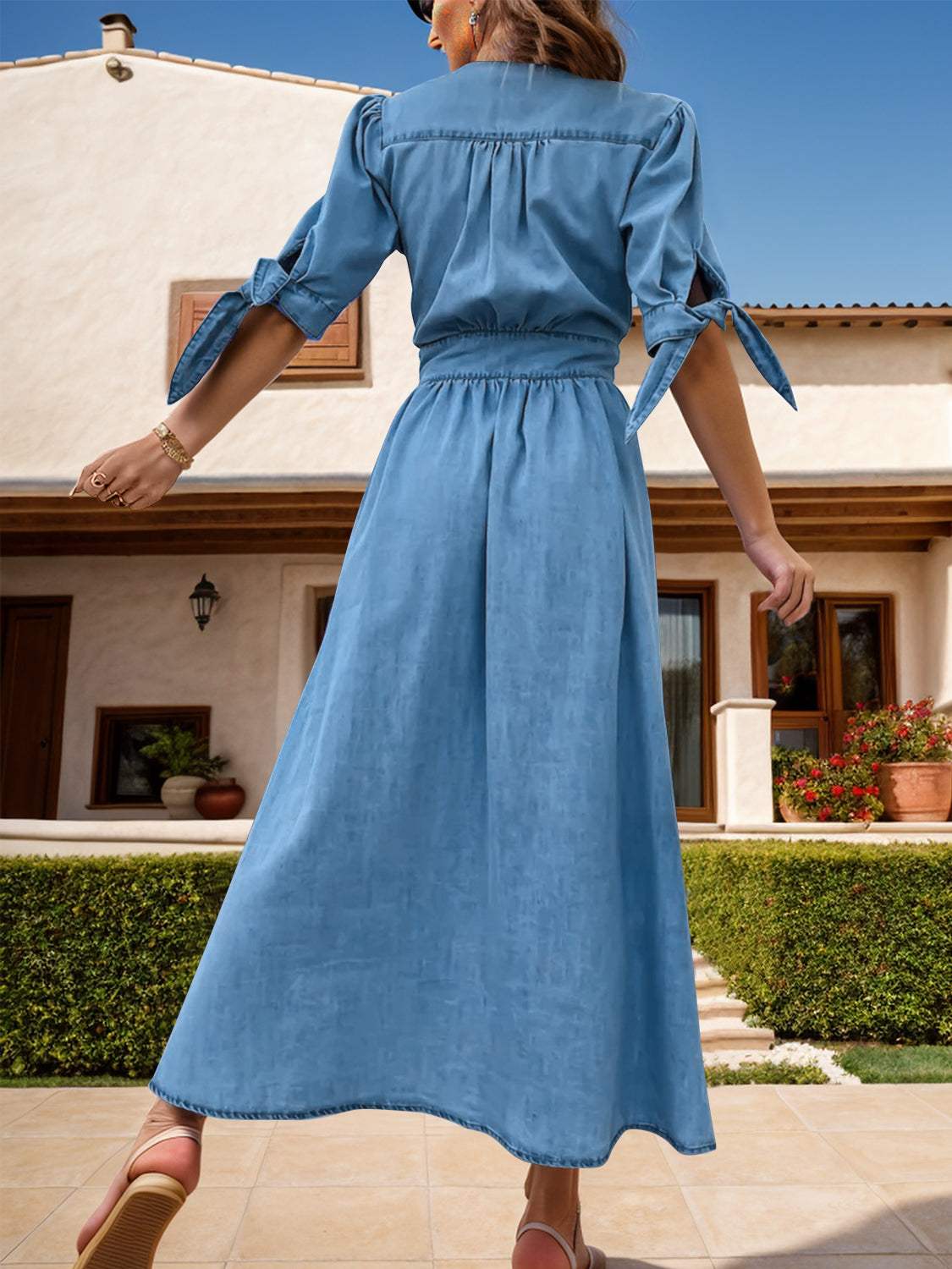 Plunge Button Up Half Sleeve Denim Dress - Trendsi - Flyclothing LLC