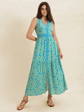 Slit Printed V-Neck Sleeveless Dress - Trendsi