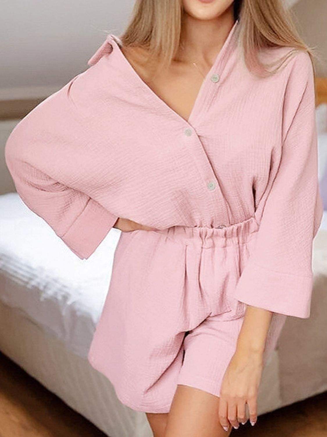 Texture Button Up Shirt and Shorts Set - Trendsi - Flyclothing LLC