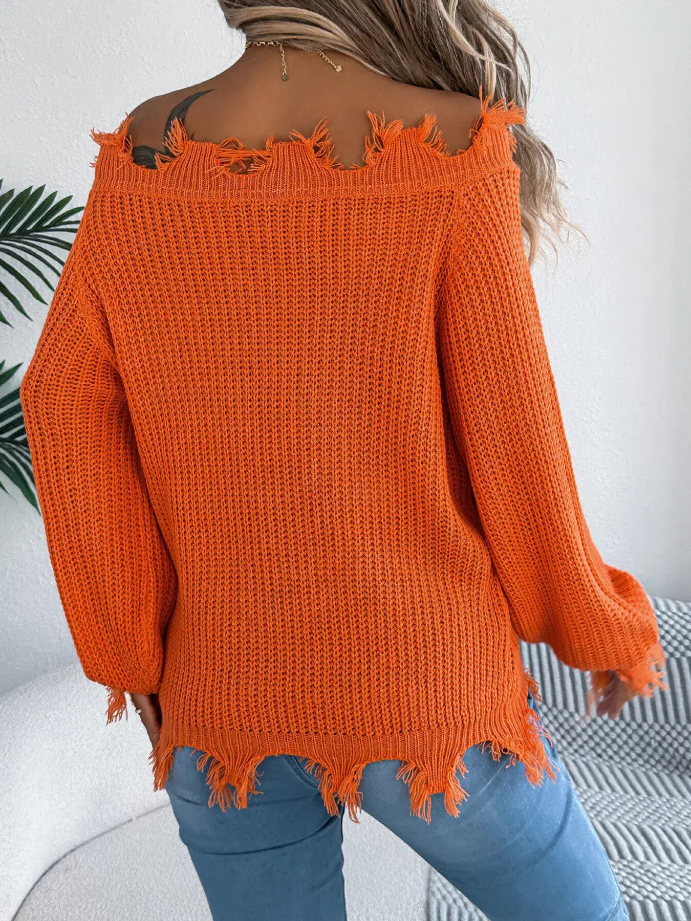 Distressed Hem Openwork Off-Shoulder Sweater - Trendsi - Flyclothing LLC